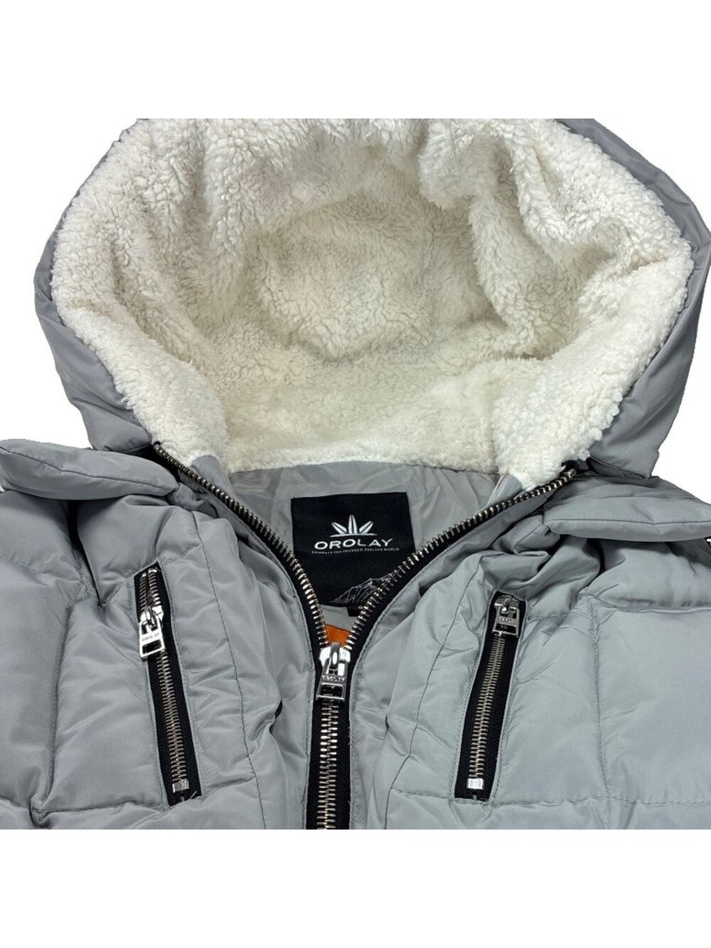 Orolay Women Winter Down Jacket Coat Hooded Puffer Gray Orange Side Zip Pocket S